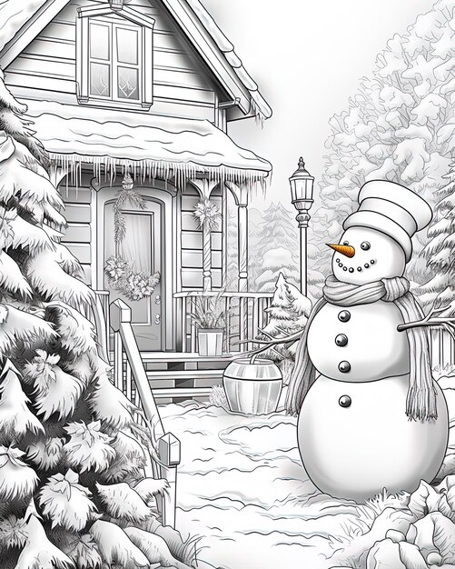 a snowman is standing in front of a house with a snowman in the background
