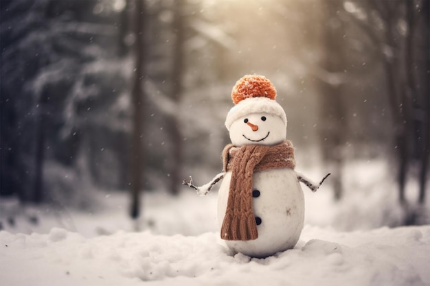 snowman is standing in the snow with hat and scarf on