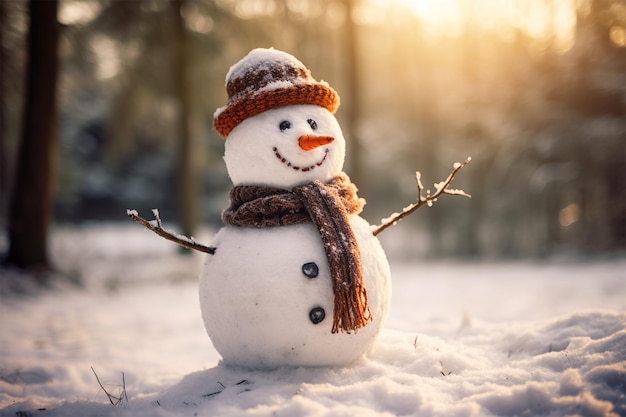 snowman is standing in the snow with hat and scarf on