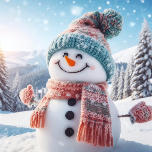 snowman in a knitted hat and scarf ai generative