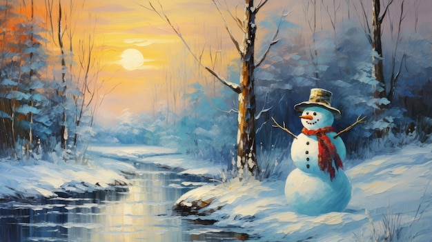 Snowman Landscape Painting Winter Artwork With Golden Light