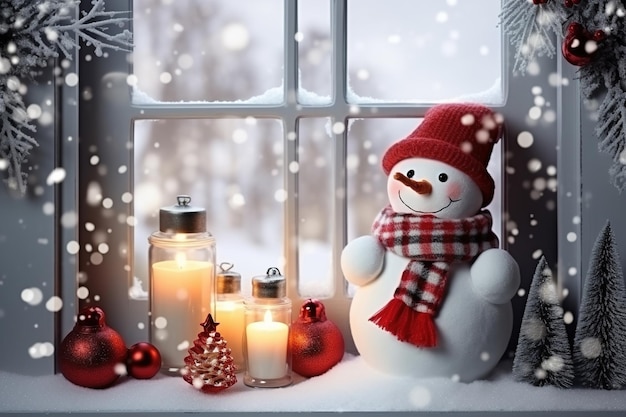 Photo a snowman a lantern with candles on the window generative ai