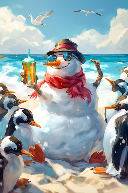 Snowman Lounging Beach Penguins Sunglasses