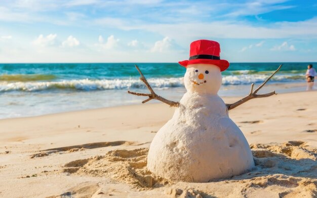 Photo snowman made from sand on beautiful tropical beach summer new year concept copy space for text