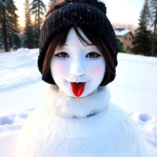 写真 日中に作った雪で人参を使って作った雪だるま