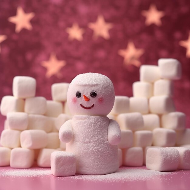 Foto pupazzo di neve e marshmallow su sfondo rosa sfondo natale