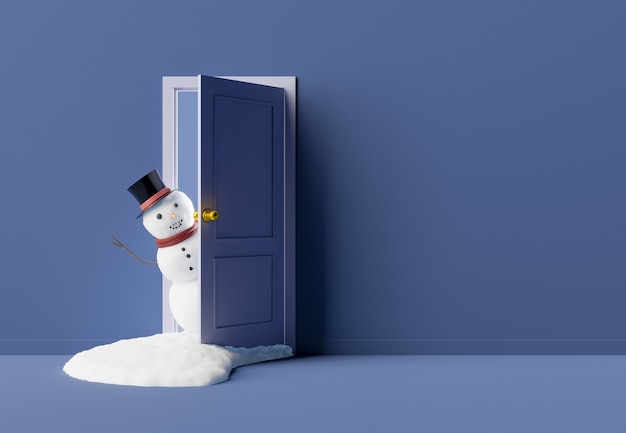 Foto pupazzo di neve che sbircia da una porta