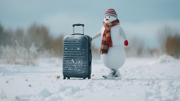 Snowman pulling suitcase