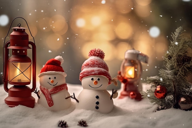 Снеговик и красный фонарь находятся на заснеженной поверхности.