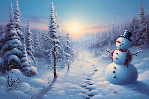 Путешествие снеговика по зимнему пейзажу на светлом фоне