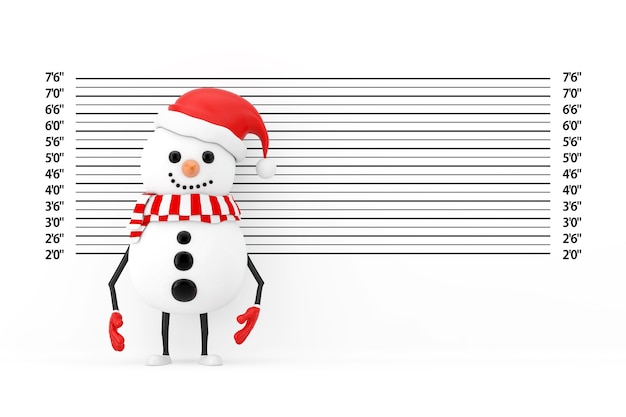 Snowman in Santa Claus Hat Character Mascot in front of Police Lineup or Mugshot Background extreme closeup. 3d Rendering