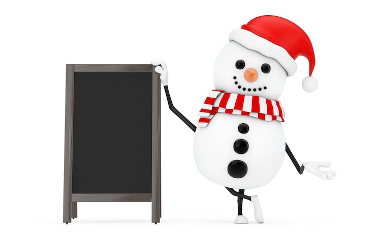 Photo snowman in santa claus hat character mascot with blank wooden menu blackboards outdoor display on a whitew background. 3d rendering