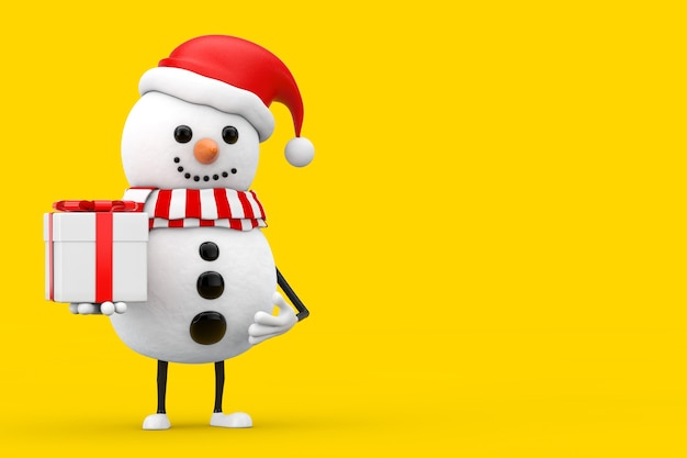 Snowman in santa claus hat character mascot with gift box with red ribbon on a yellow background. 3d rendering