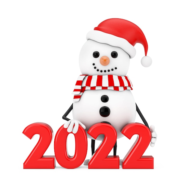 Snowman in Santa Claus Hat Character Mascot with New Year 2022 Sign on a white background. 3d Rendering