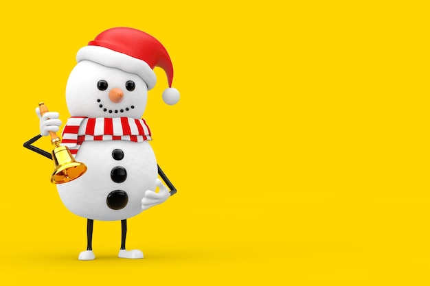 노란색 배경에 빈티지 골든 스쿨 벨과 산타 클로스 모자 캐릭터 마스코트에 눈사람. 3d 렌더링