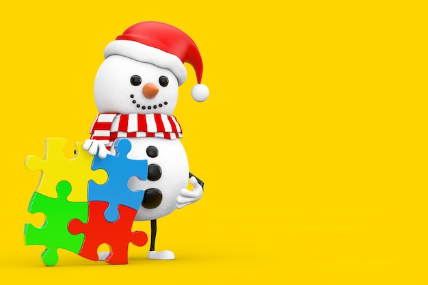 Snowman in santa claus hat person character mascot with four pieces of colorful jigsaw puzzle on a yellow background. 3d rendering