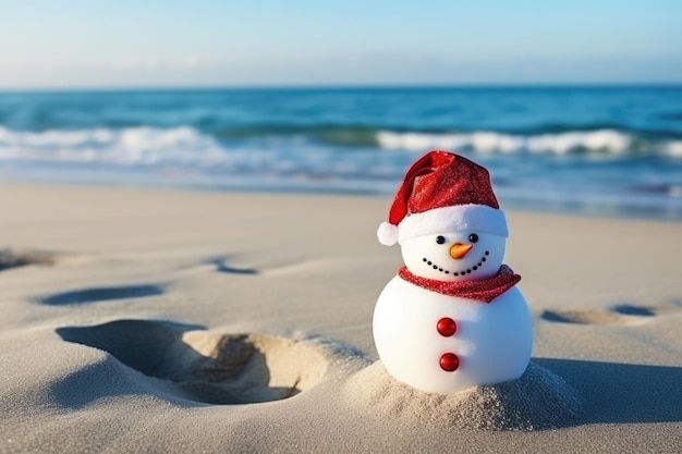 Foto uomo di neve in cappello di babbo natale sulla spiaggia