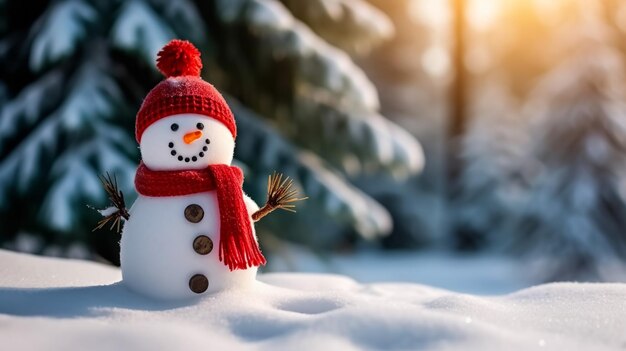 Foto l'uomo di neve sulla neve sullo sfondo festivo del natale