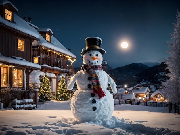 A snowman in snow field with Christmas decorations