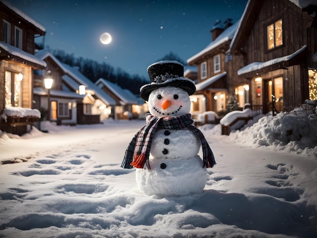 A snowman in snow field with christmas decorations