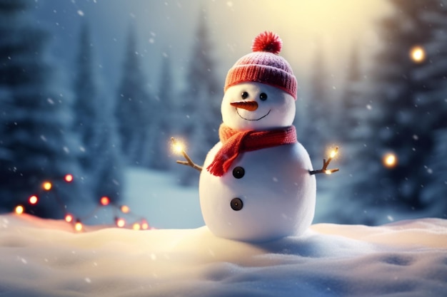 Снежный человек в снегу перед светящимися огнями и расфокусированным на заднем плане Рождественская концепция