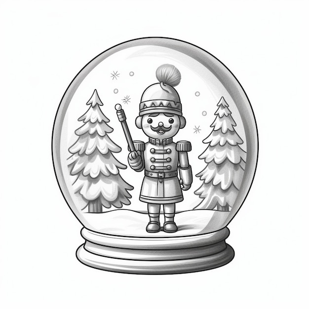 背景にクリスマスツリーを持つスノードームの中の雪だるま。