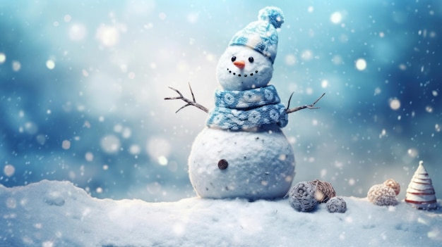 Snowman in the snow in the style of bokeh panorama