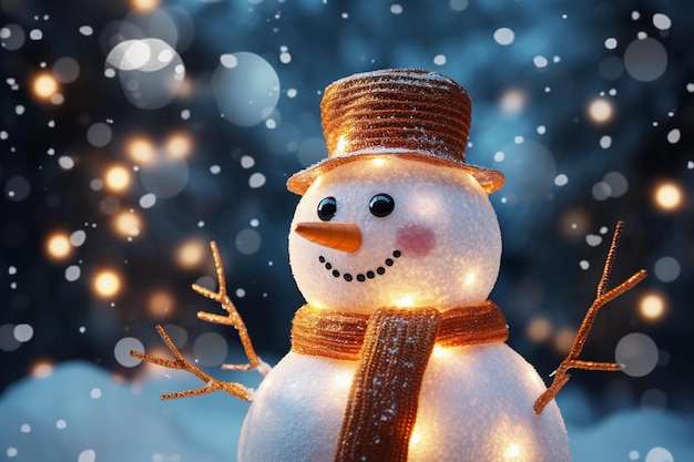 snowman on a snow in the winter with christmas lights background in the style of sketchfab