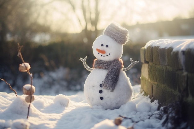 A snowman in the snow with a hat on