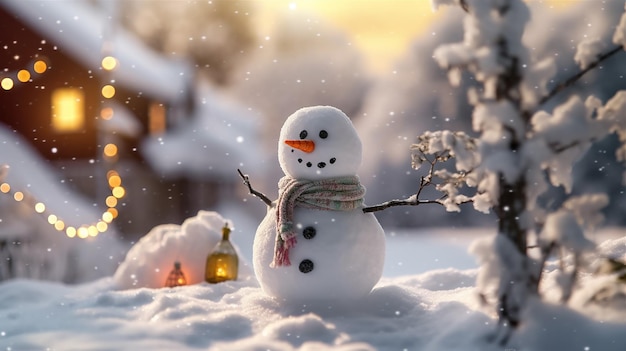 A snowman in the snow with a lantern in the background