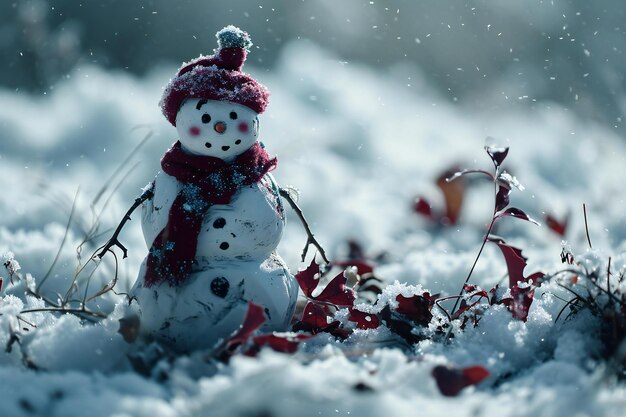 Photo snowman in the snow with red scarf and hat christmas and new year concept