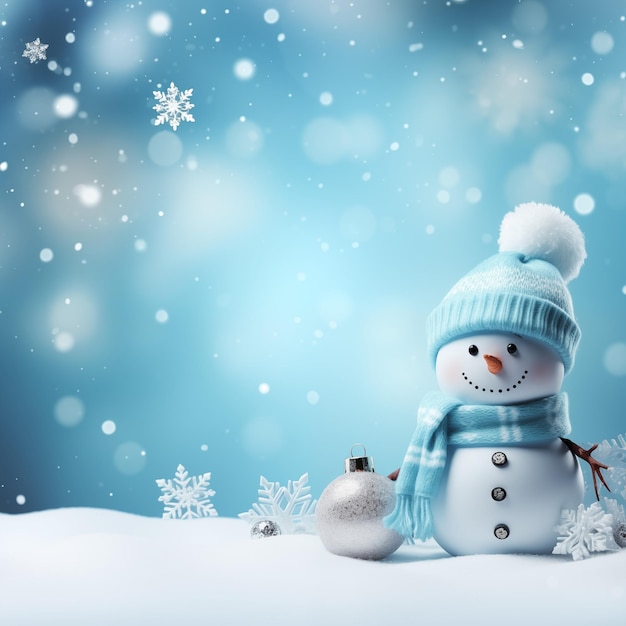 Snowman and snowflake on blurred white and blue background with copy space for cute and fresh design