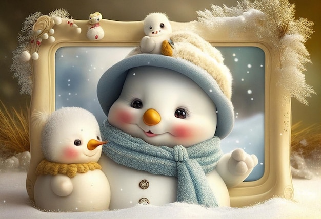 A snowman and a snowman are in a frame.