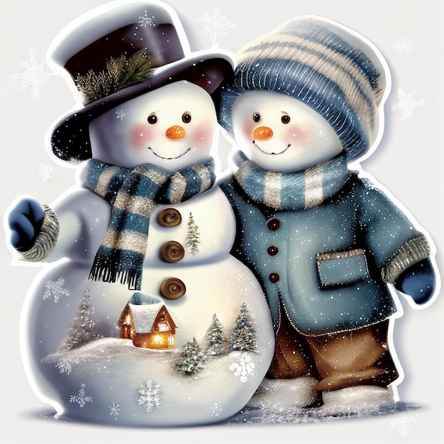 A snowman and a snowman are standing together.