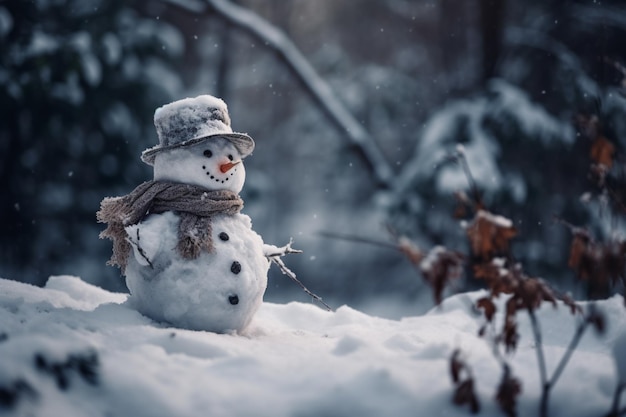 頭に帽子をかぶった雪の森の雪だるま