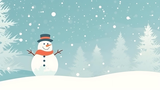 A snowman in a snowy landscape with a blue background.