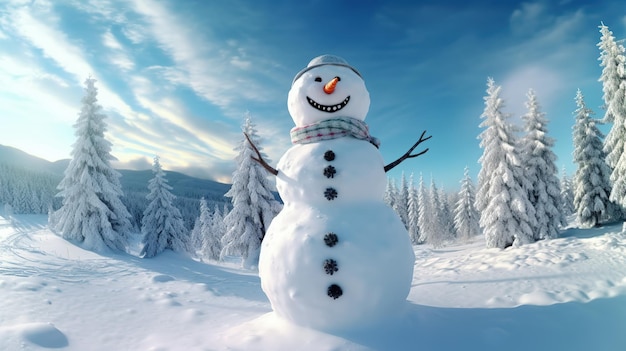 A snowman in a snowy landscape with a blue sky and clouds