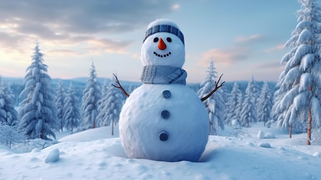 A snowman in a snowy landscape with a blue sky and trees in the background.