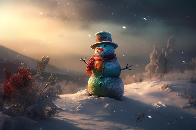 A snowman in a snowy landscape with snow flakes and a red hat.