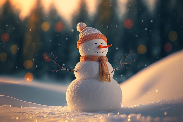 A snowman in a snowy landscape with a snowy background.