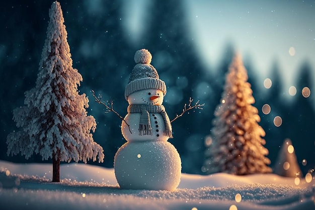 A snowman in a snowy landscape with trees in the background.