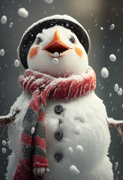 A snowman in a snowy scene with the word snow on it.