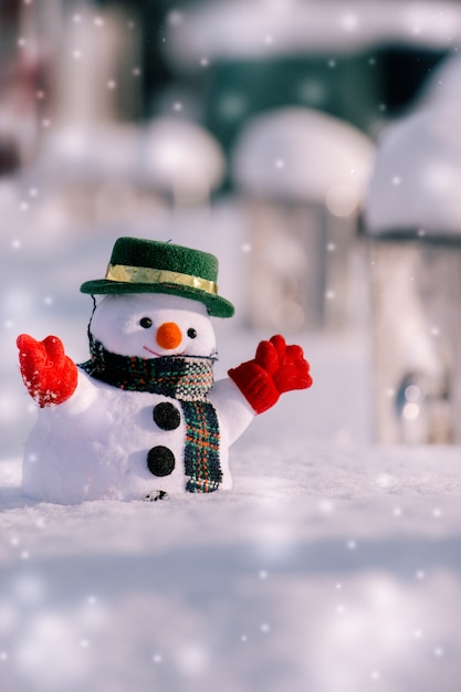 Snowman stand among pile of snow. Snow flake is falling down. Merry Christmas and happy ne