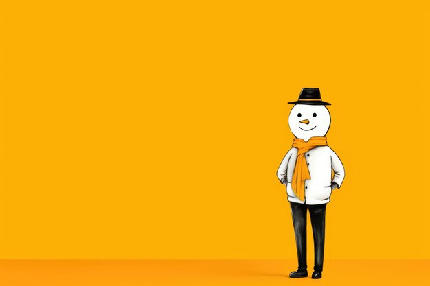 Snowman standing and dressed like a man on a yellow background
