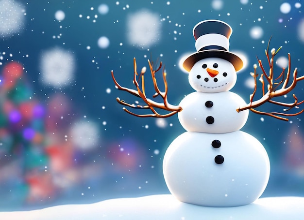 Snowman standing on snow in front of christmas trees with copy space