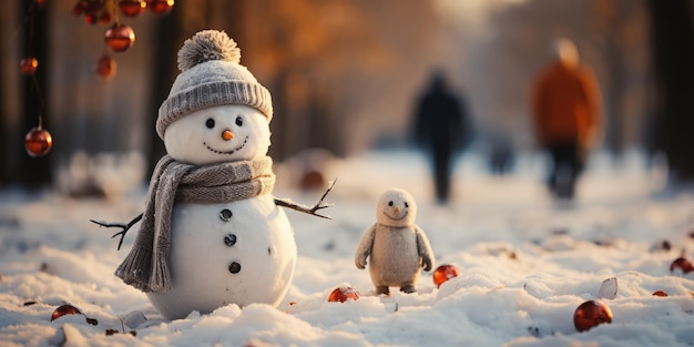 Snowman standing next to snow and some candles in winter Christmas concept