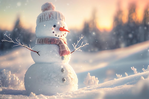 Photo snowman standing in winter christmas landscape snow background with free space for text