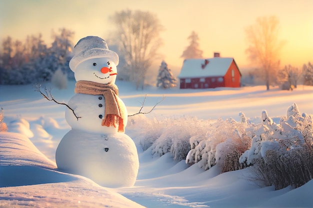 Snowman standing in Winter Christmas landscape Snow background with free space for text