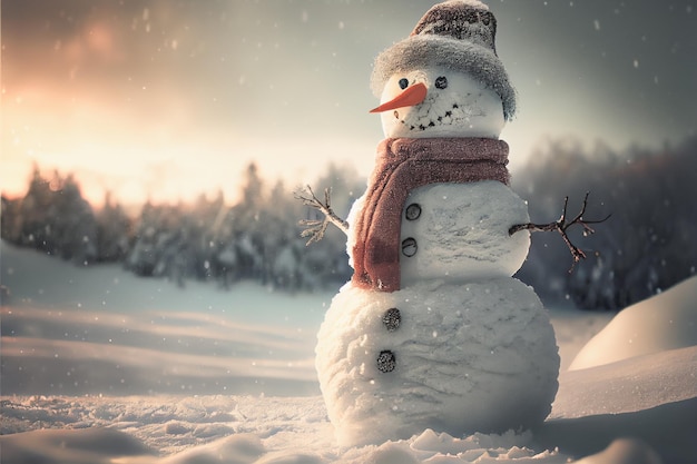 Snowman standing in Winter Christmas landscape Snow background with free space for text