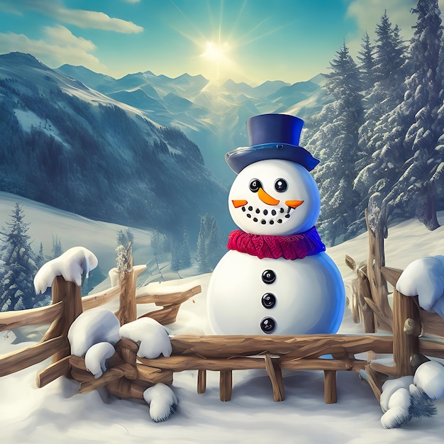 Снежный человек, стоящий на зимнем ландшафте и генерирующий снег ИИ